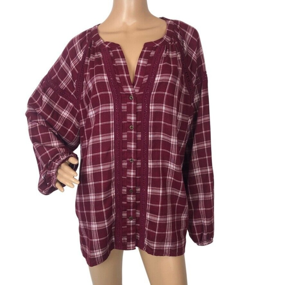 Kate & Sam‎ Plaid Print Knit Button Up Shirt Long Sleeve Top Size XL Embroidered